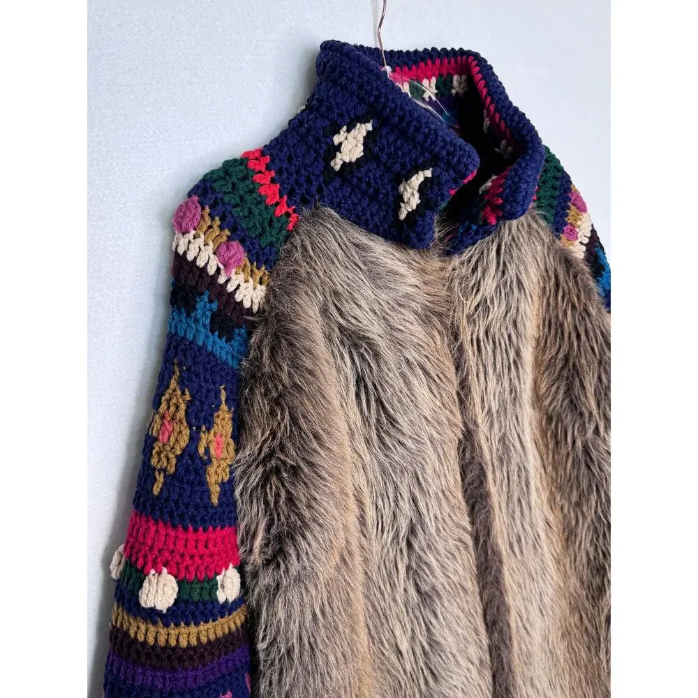 Handmade Upcycled Faux Fur Crochet Coat Boho Folk Art Festival Jacket Unisex M/L